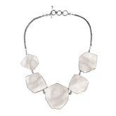Handcrafted silver necklace with hexagon mother of pearl links in elegant statement design.